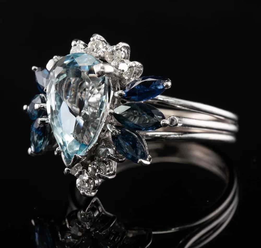 Natural Diamond Sapphire Aquamarine Ring 14K Whit… - image 9