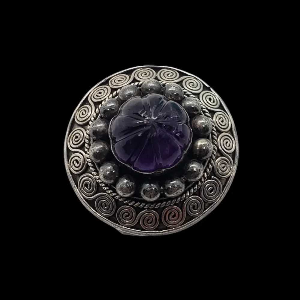 Vintage Carved Amethyst Sterling Silver Ring Size… - image 8