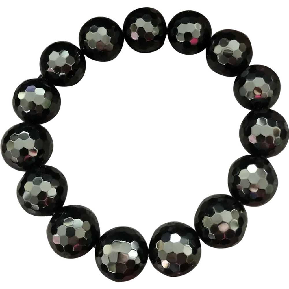 Vintage Black Faceted Onyx Beads Stretch Bracelet… - image 1