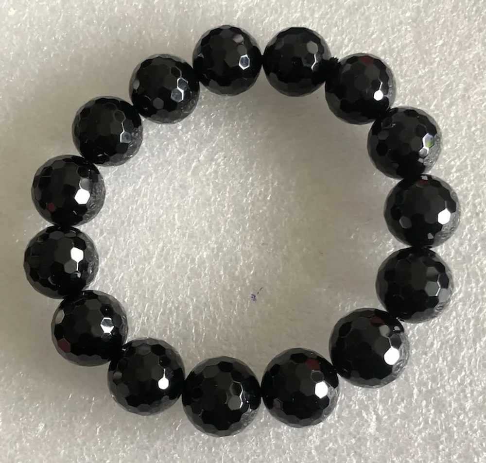 Vintage Black Faceted Onyx Beads Stretch Bracelet… - image 3