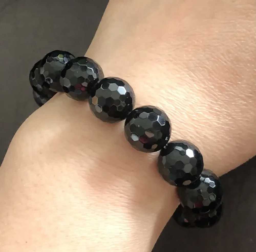 Vintage Black Faceted Onyx Beads Stretch Bracelet… - image 4