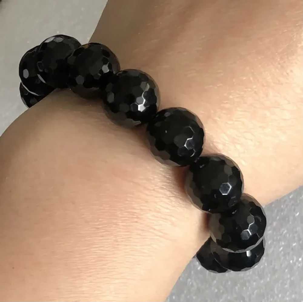 Vintage Black Faceted Onyx Beads Stretch Bracelet… - image 5
