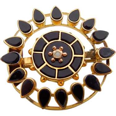 Victorian Round Onyx and Seed Pearl Brooch