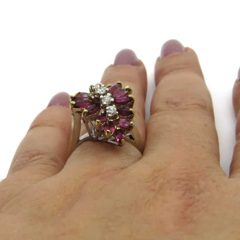 14K White and Yellow Gold Ruby Diamond Cluster Ri… - image 11