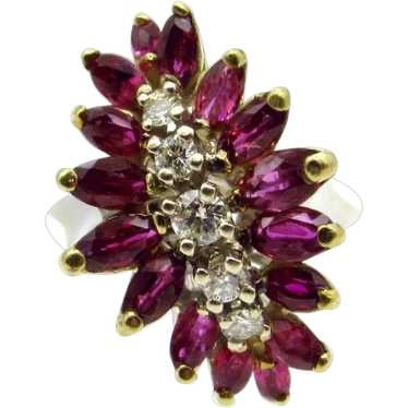 14K White and Yellow Gold Ruby Diamond Cluster Ri… - image 1