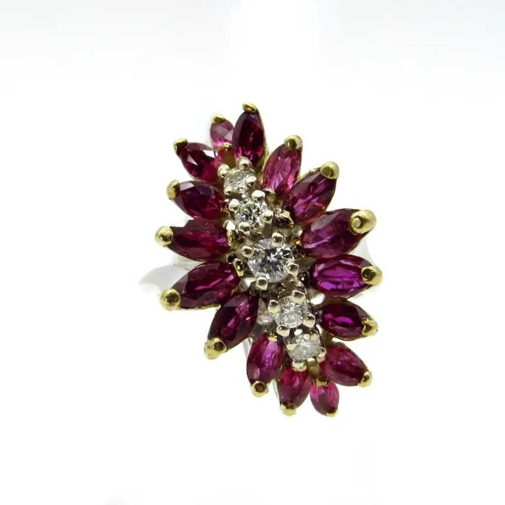 14K White and Yellow Gold Ruby Diamond Cluster Ri… - image 2