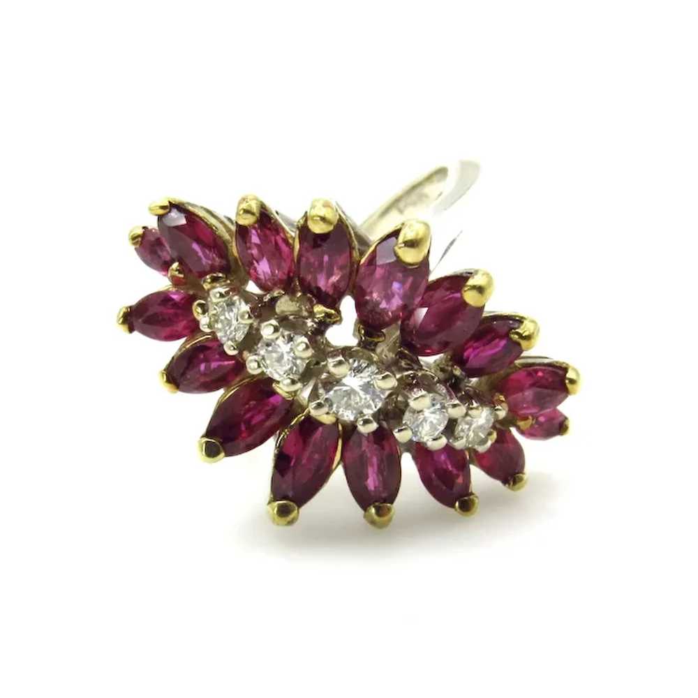 14K White and Yellow Gold Ruby Diamond Cluster Ri… - image 4