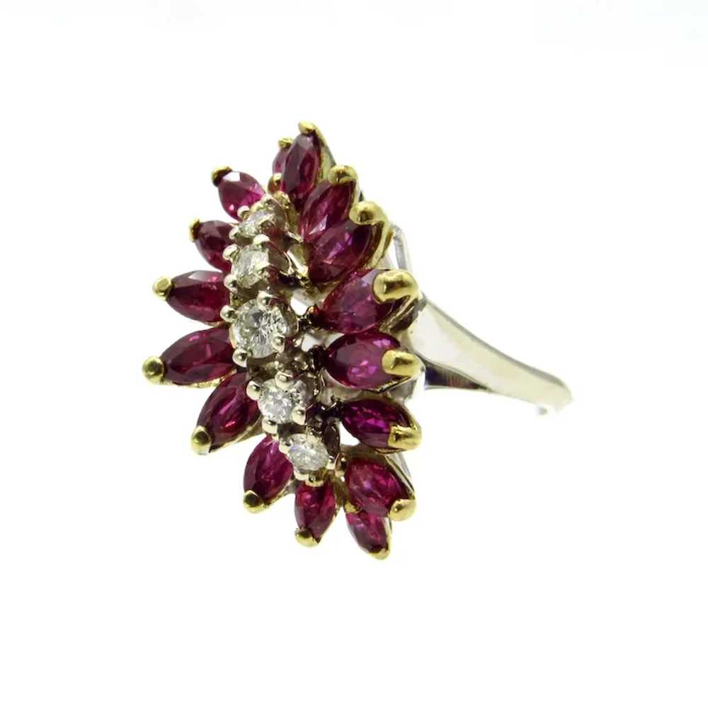 14K White and Yellow Gold Ruby Diamond Cluster Ri… - image 5