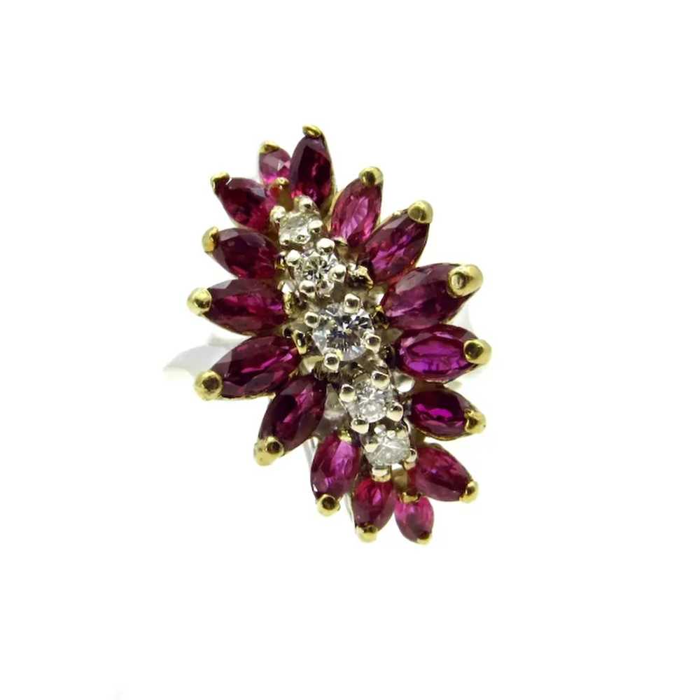 14K White and Yellow Gold Ruby Diamond Cluster Ri… - image 7