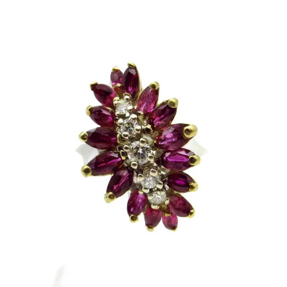 14K White and Yellow Gold Ruby Diamond Cluster Ri… - image 8