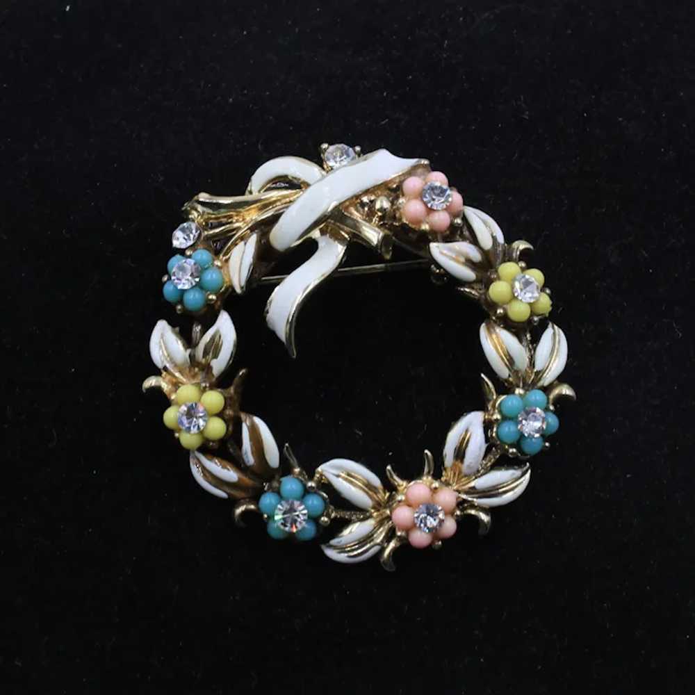 Brooch Pin Coro Rhinestone Enameled Plastic Flowe… - image 3