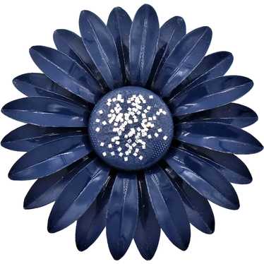 Brooch Pin Mod 60s Dark Blue Enamel Metal Flower