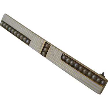 Art Deco 14K Bar Pin Enamel Seed Pearls Geometrics