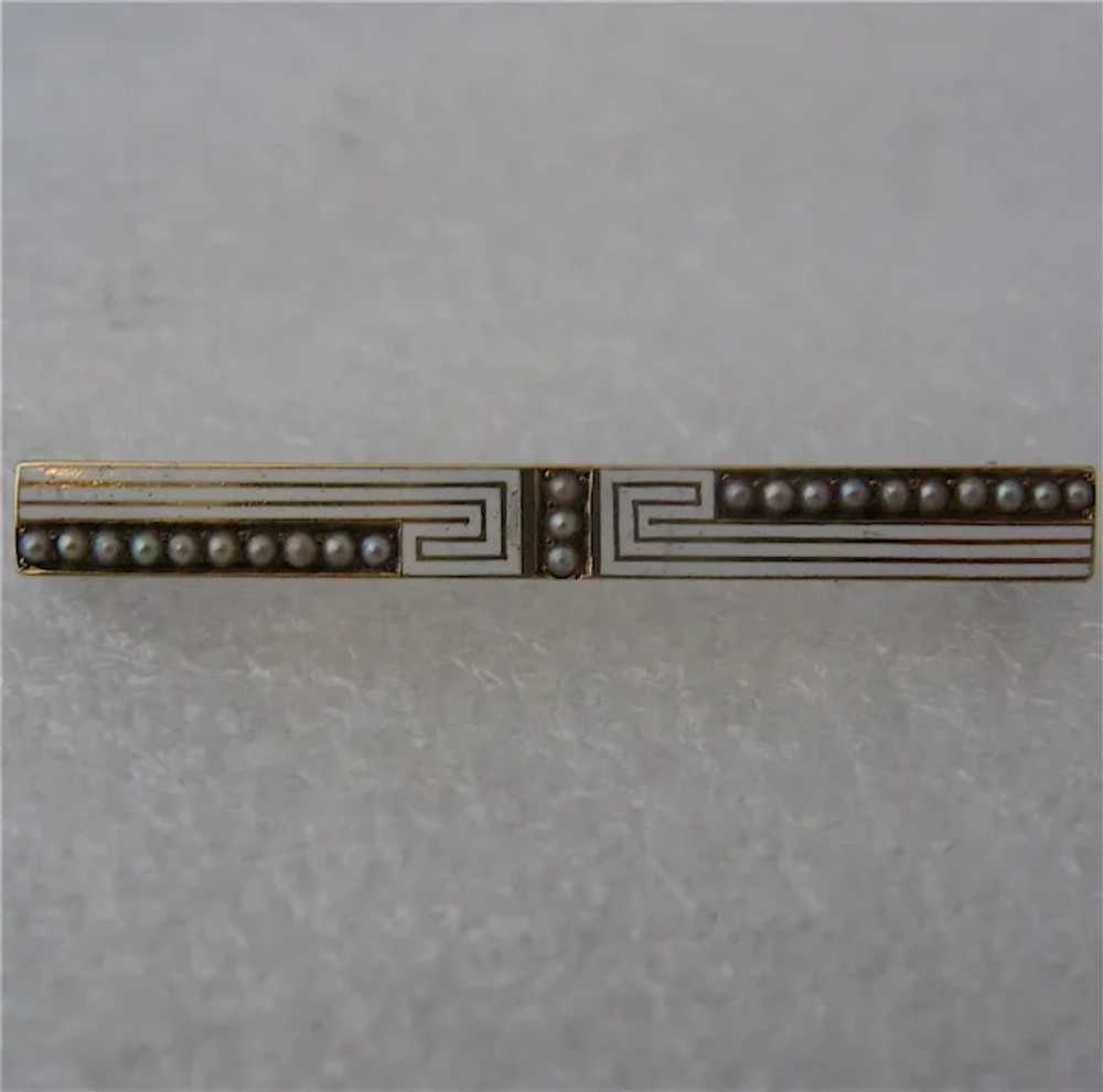 Art Deco 14K Bar Pin Enamel Seed Pearls Geometrics - image 2