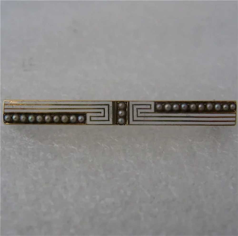 Art Deco 14K Bar Pin Enamel Seed Pearls Geometric… - image 2