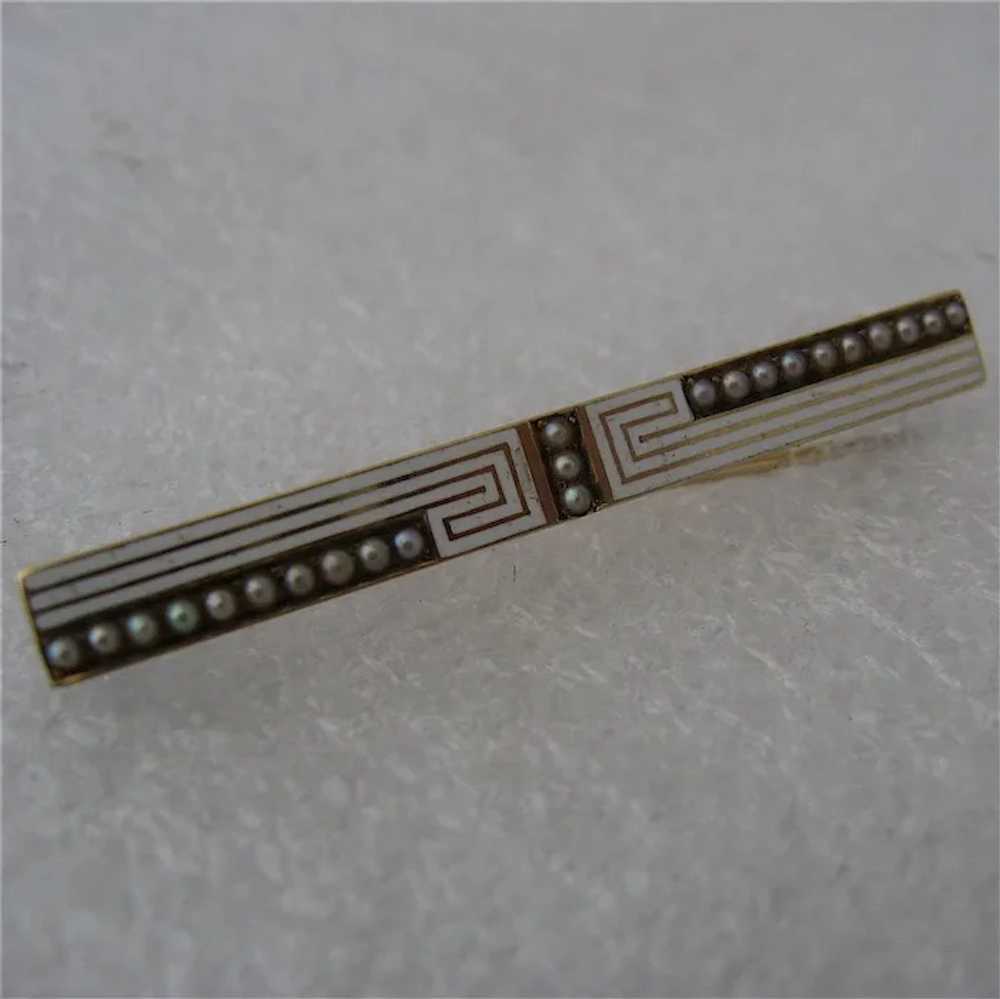 Art Deco 14K Bar Pin Enamel Seed Pearls Geometrics - image 3