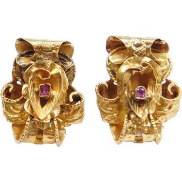 14k Gold Art Nouveau Ruby Stud Earrings