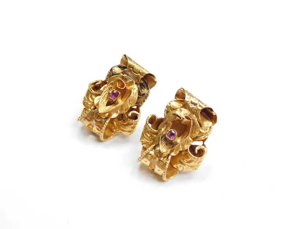 14k Gold Art Nouveau Ruby Stud Earrings - image 2
