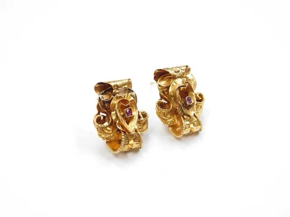 14k Gold Art Nouveau Ruby Stud Earrings - image 3