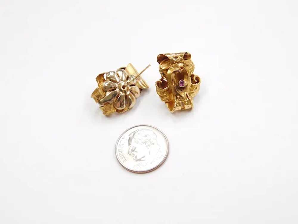 14k Gold Art Nouveau Ruby Stud Earrings - image 4