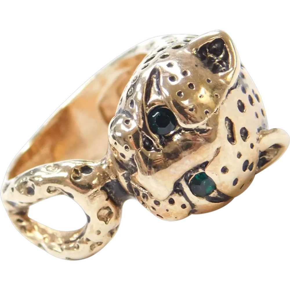 18k Gold Jaguar / Panther Ring with Faux Emeralds - image 1