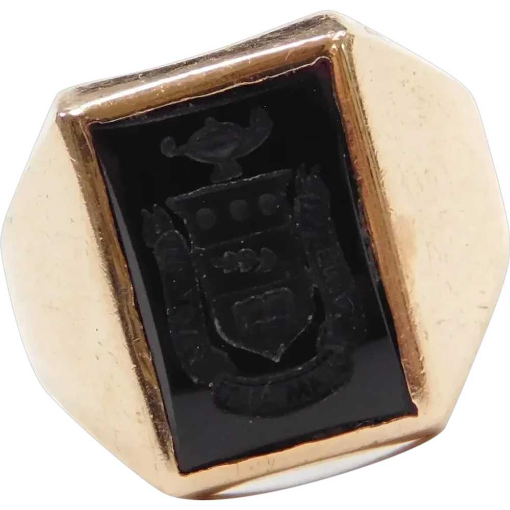 1952 Onyx Heraldic Family Crest Stamp Ring 10k Ye… - image 1