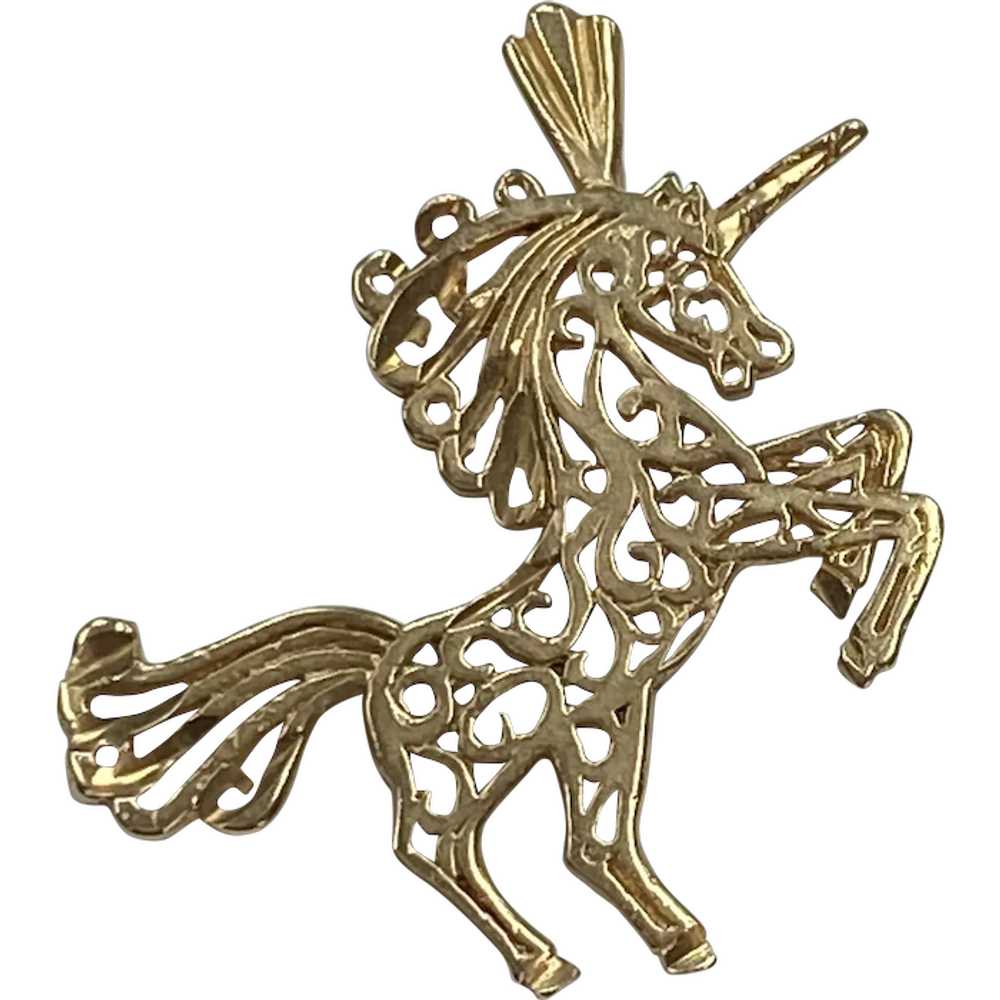 Unicorn Pendant Charm 14K Yellow Gold Filigree - image 1