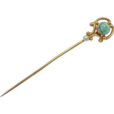 Edwardian Stick Pin 14K Gold Turquoise & Seed Pea… - image 1