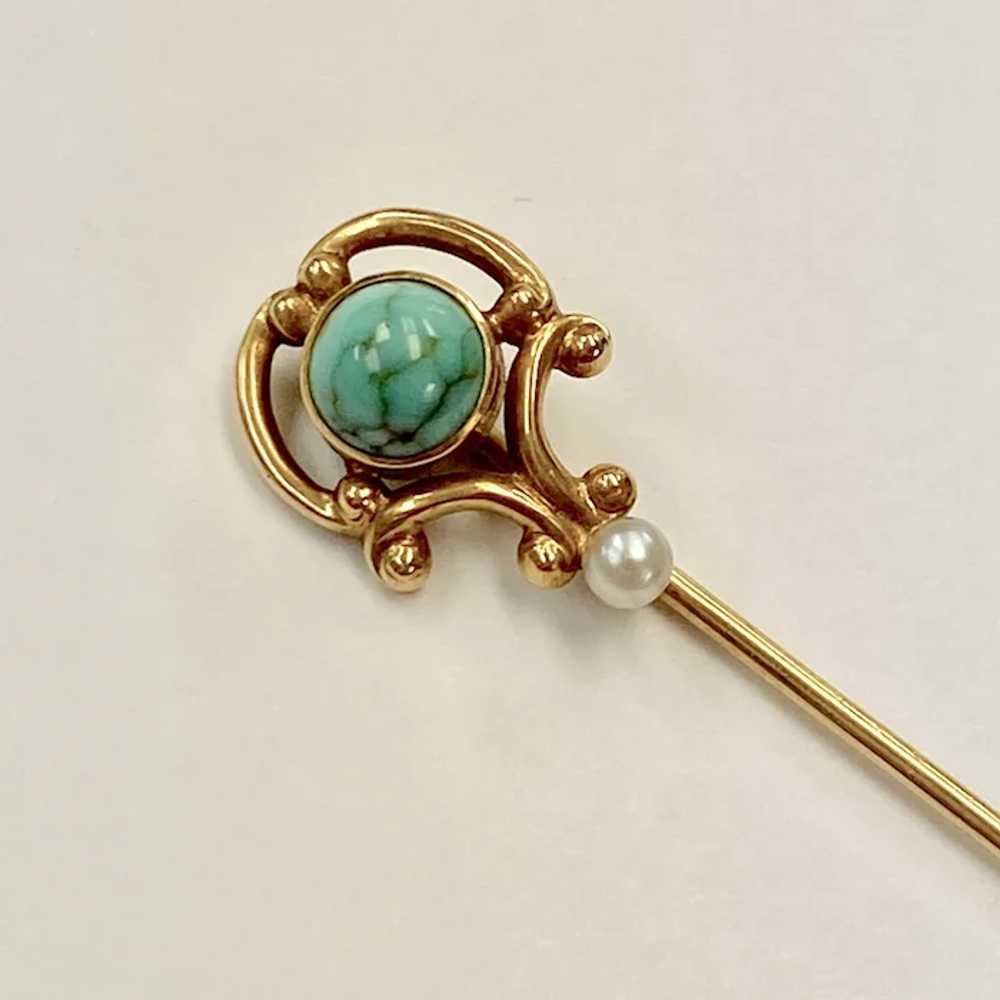 Edwardian Stick Pin 14K Gold Turquoise & Seed Pea… - image 2