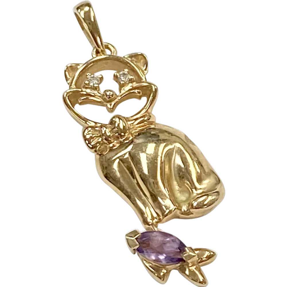 Jeweled Cat & Fish Vintage Pendant 14K Gold Diamo… - image 1