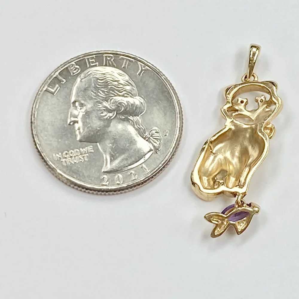 Jeweled Cat & Fish Vintage Pendant 14K Gold Diamo… - image 2