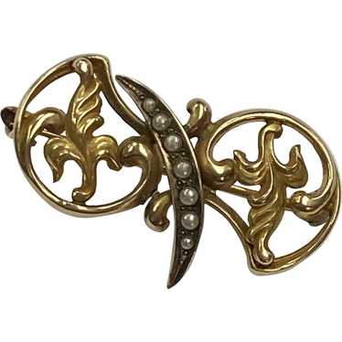 Victorian Ornate Brooch 14K Gold with Seed Pearl C