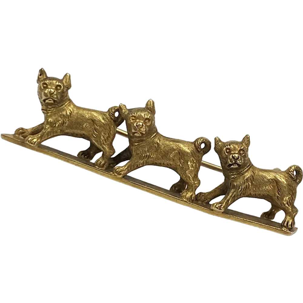 Victorian Three Dog Brooch Pin 14K Gold, Pug or F… - image 1