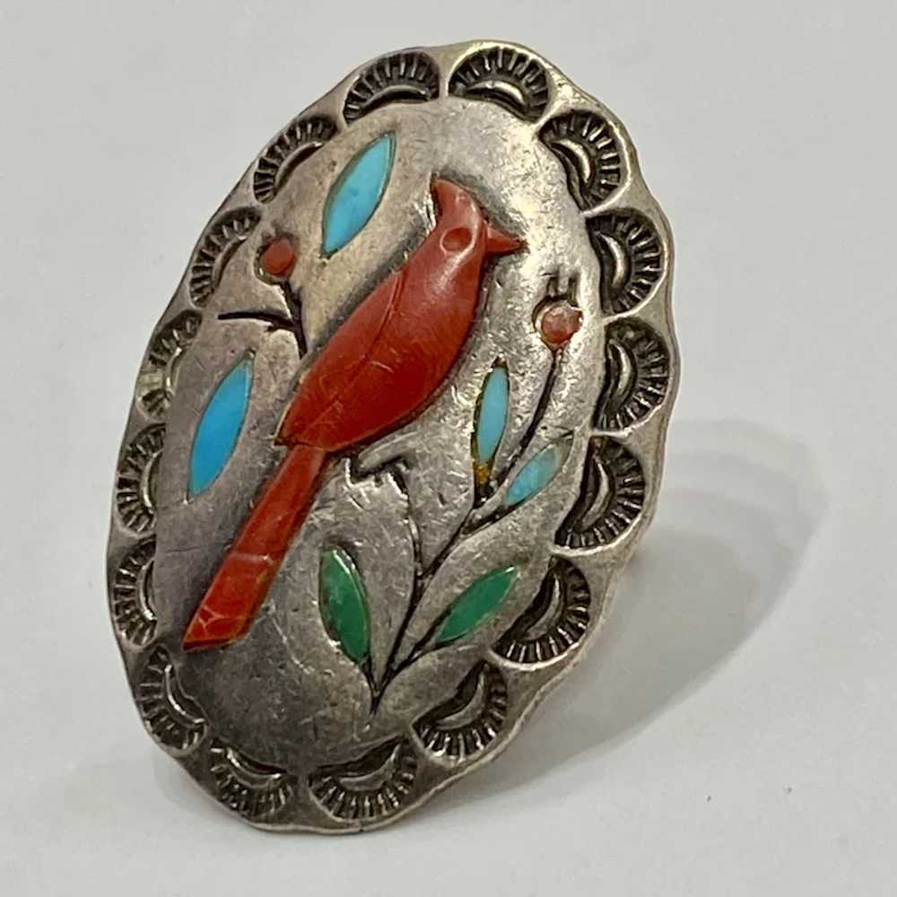 Native American Cardinal Bird Ring Sterling Silve… - image 2