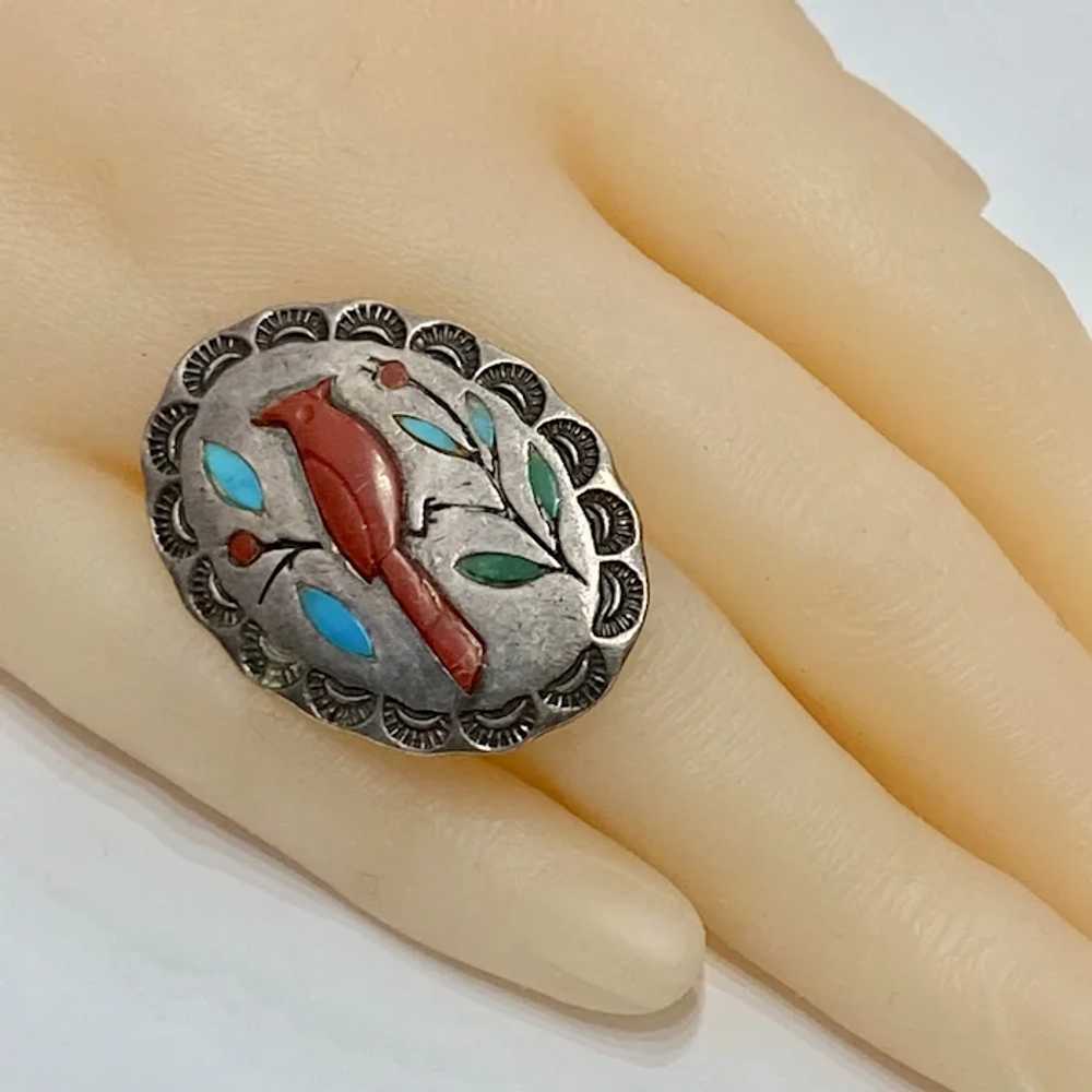 Native American Cardinal Bird Ring Sterling Silve… - image 5