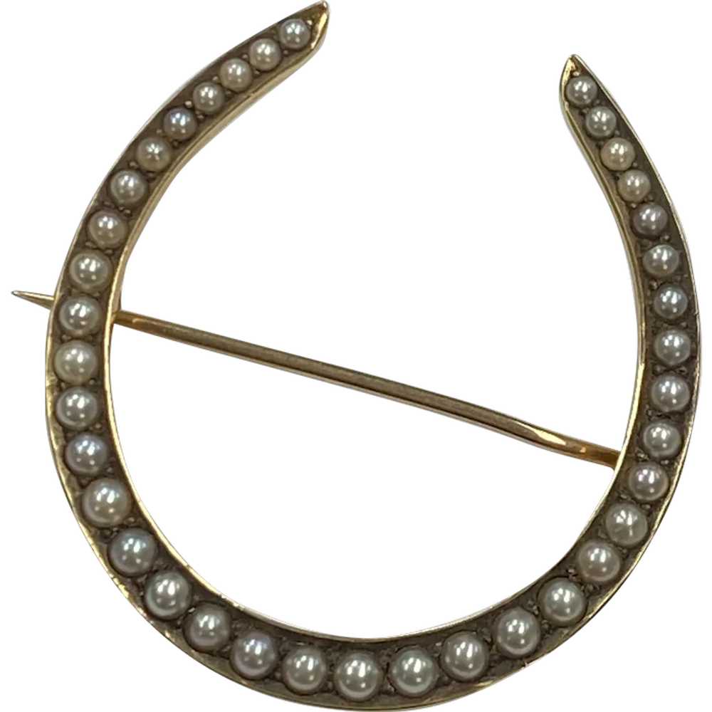 BIG Victorian Lucky Horseshoe Brooch 14K Gold & S… - image 1