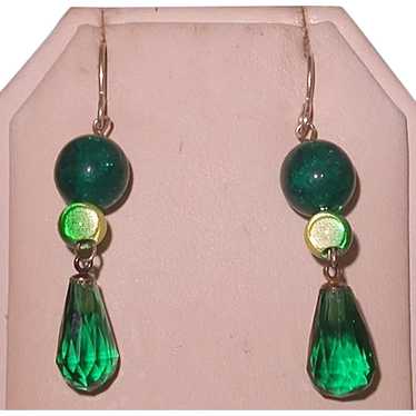 Intense Green Glass Prism and Bead Earrings, Vint… - image 1