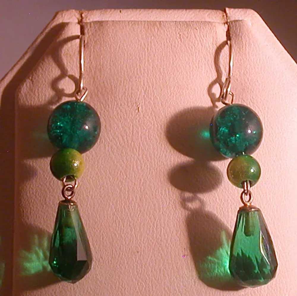 Intense Green Glass Prism and Bead Earrings, Vint… - image 2