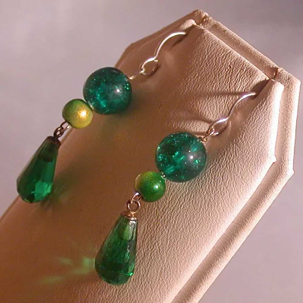 Intense Green Glass Prism and Bead Earrings, Vint… - image 3