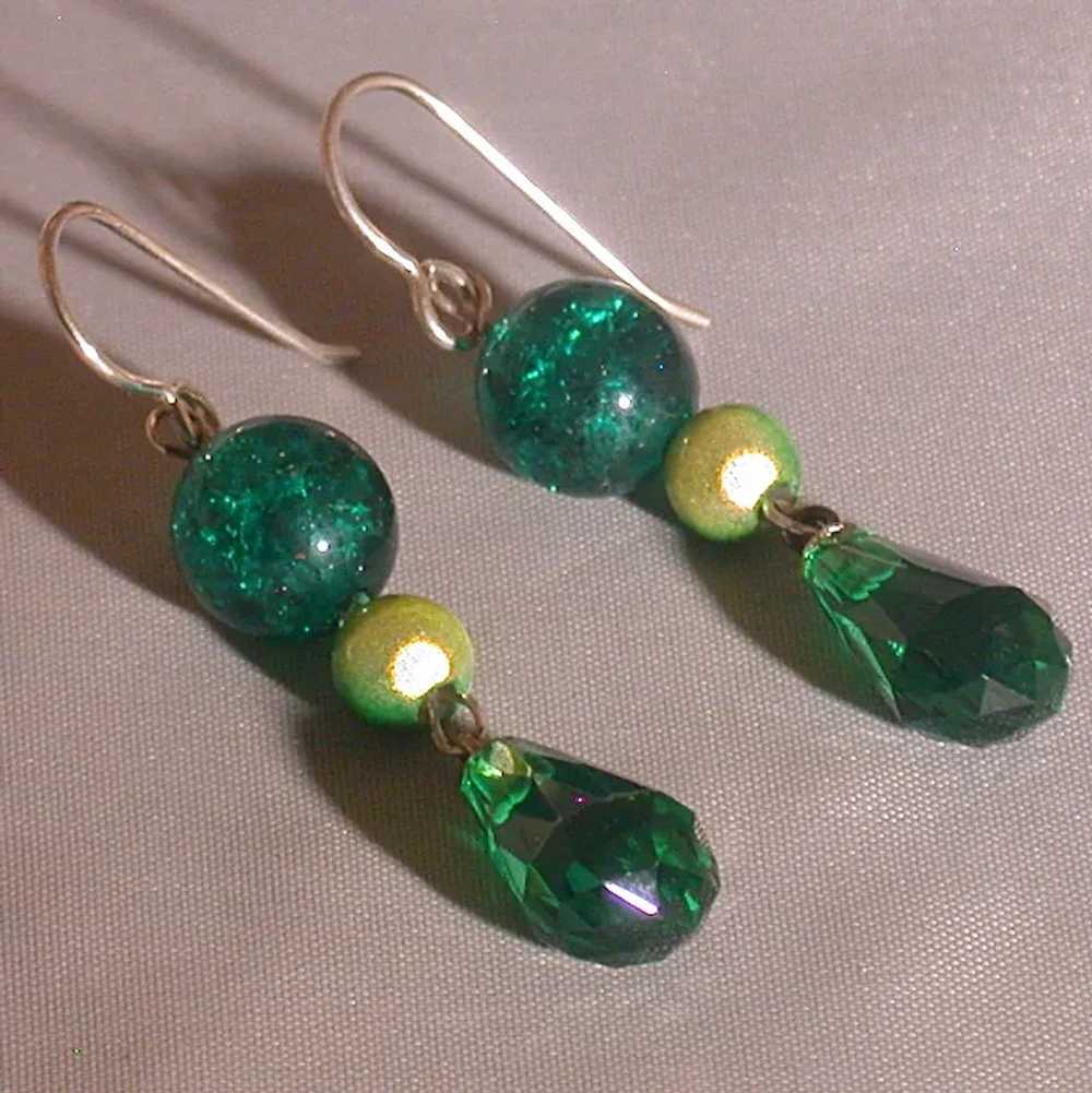 Intense Green Glass Prism and Bead Earrings, Vint… - image 4