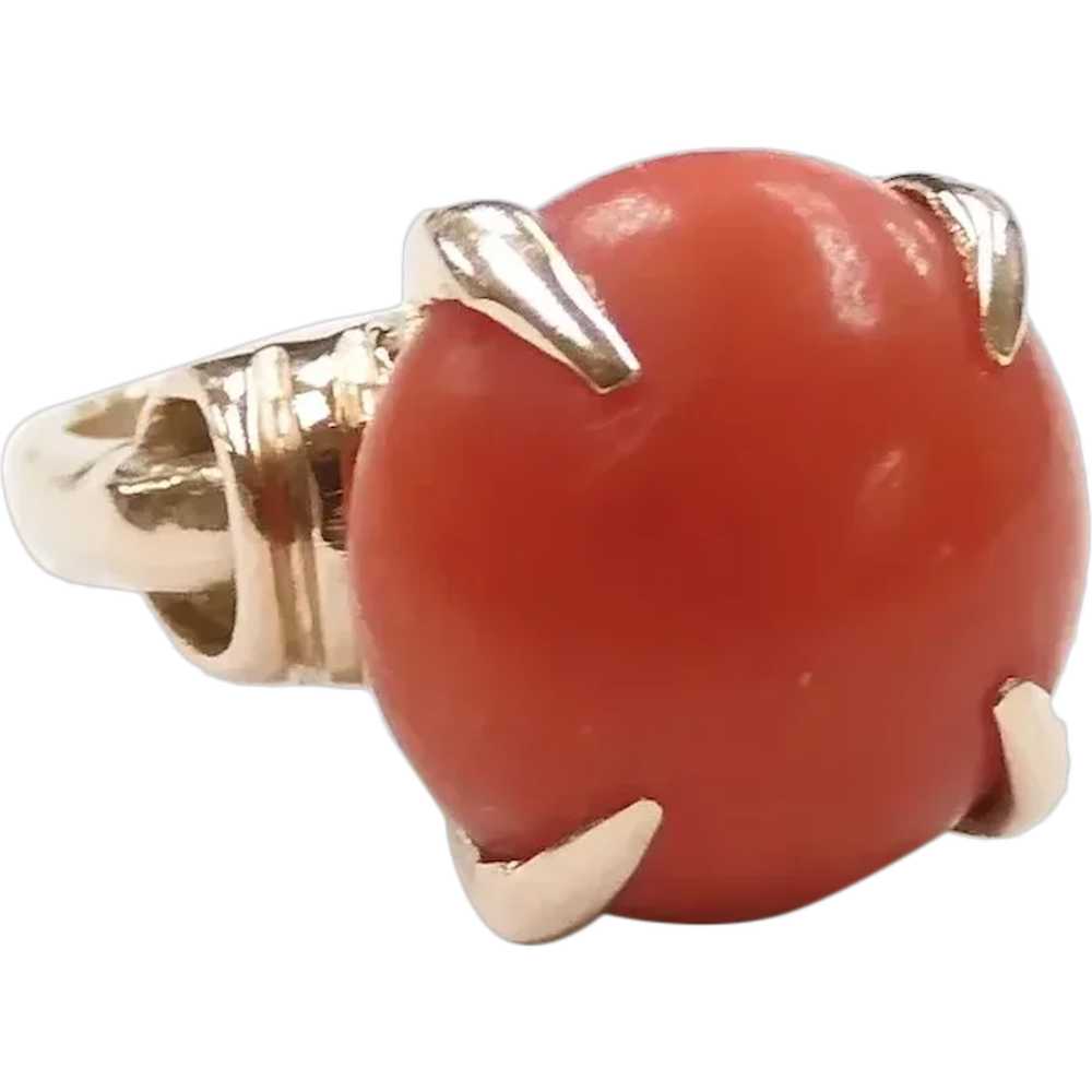 Retro Red Coral Solitaire Ring 14k Yellow Gold - image 1