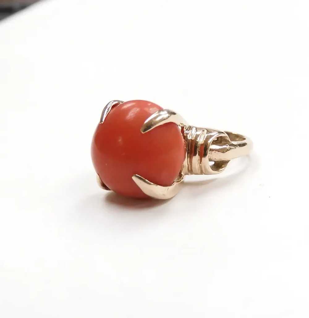 Retro Red Coral Solitaire Ring 14k Yellow Gold - image 2