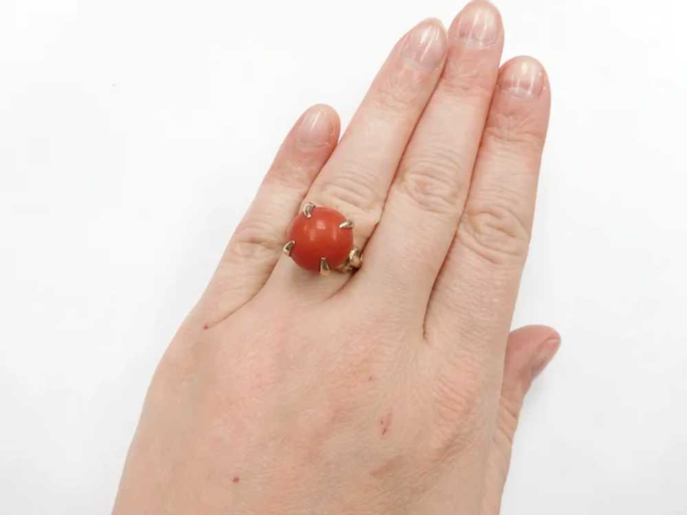 Retro Red Coral Solitaire Ring 14k Yellow Gold - image 5