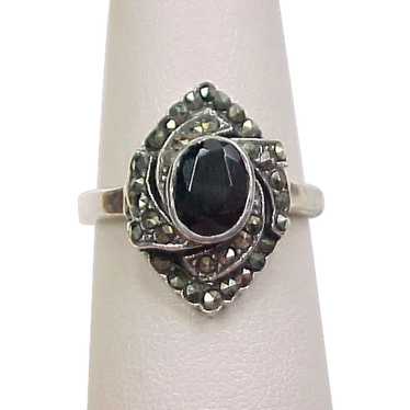 Vintage Sterling Silver Onyx and Marcasite Ring ~ 