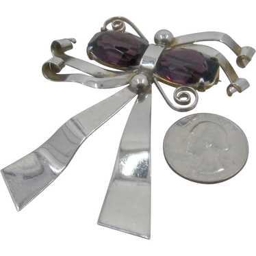1940 Large Sterling Amethyst Glass Bow Pin Brooch - image 1
