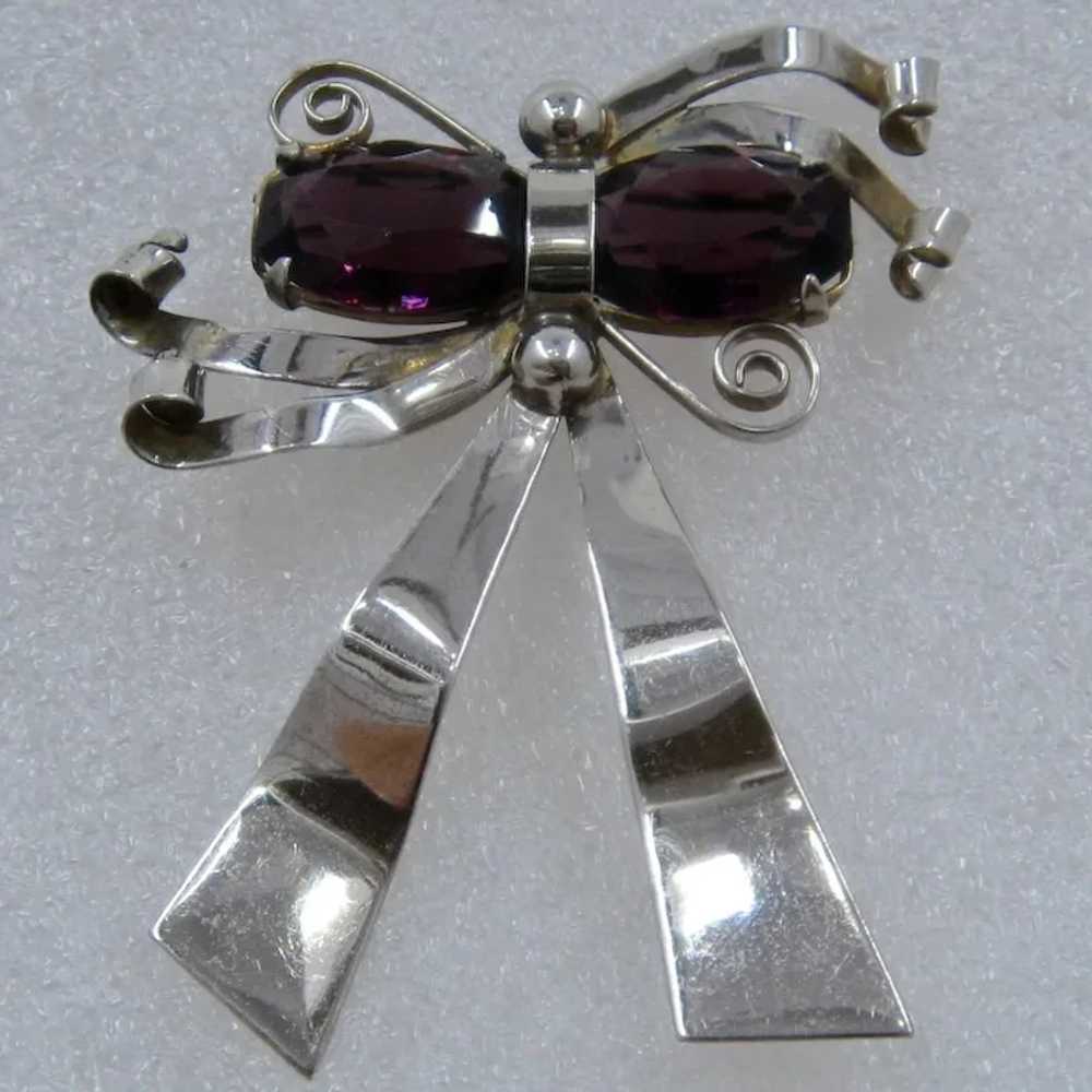 1940 Large Sterling Amethyst Glass Bow Pin Brooch - image 2