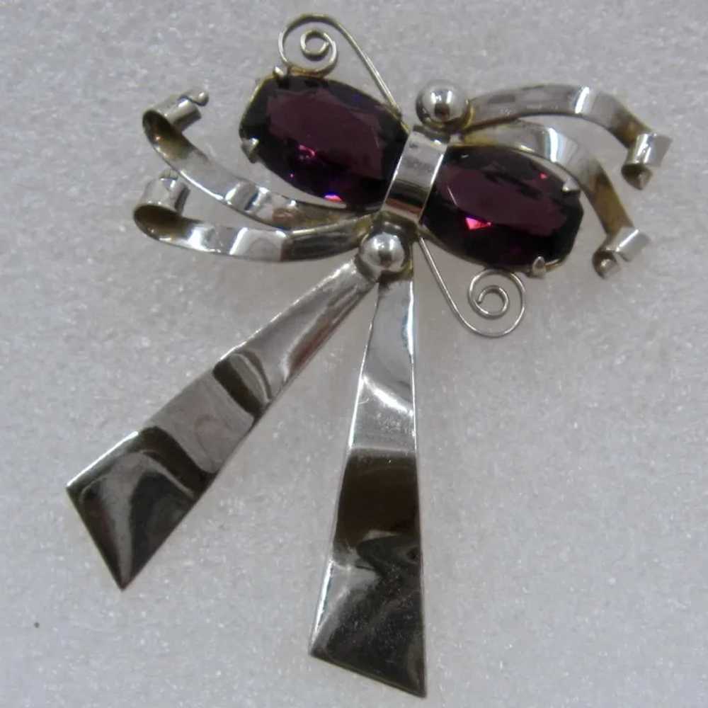 1940 Large Sterling Amethyst Glass Bow Pin Brooch - image 3
