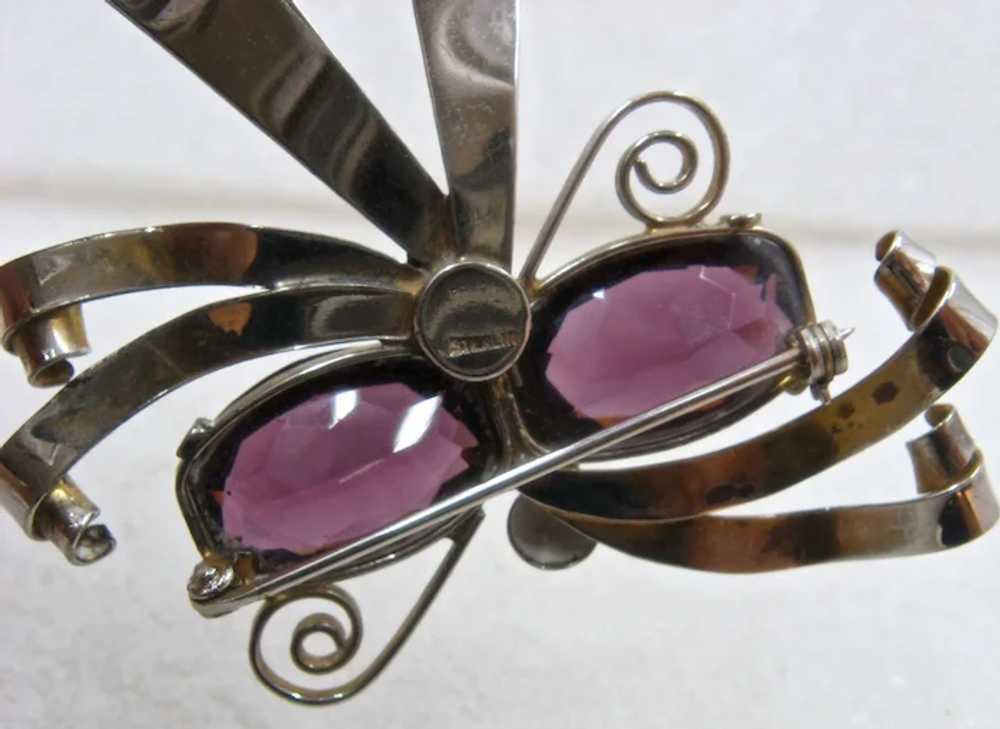 1940 Large Sterling Amethyst Glass Bow Pin Brooch - image 5