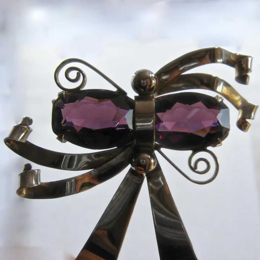 1940 Large Sterling Amethyst Glass Bow Pin Brooch - image 6
