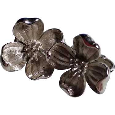 Earrings Vintage Crown Trifari Brushed Silver Ton… - image 1